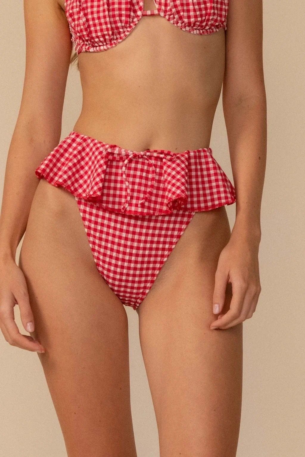 Red Micro Gingham Tamarindo Ruffle Bikini Bottom | Montce