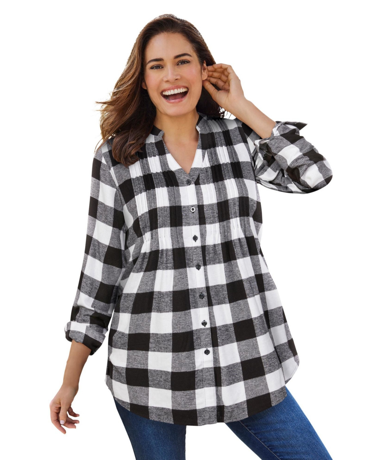 Woman Within Women's Plus Size Pintucked Flannel Shirt - White buffalo plaid | Macy's