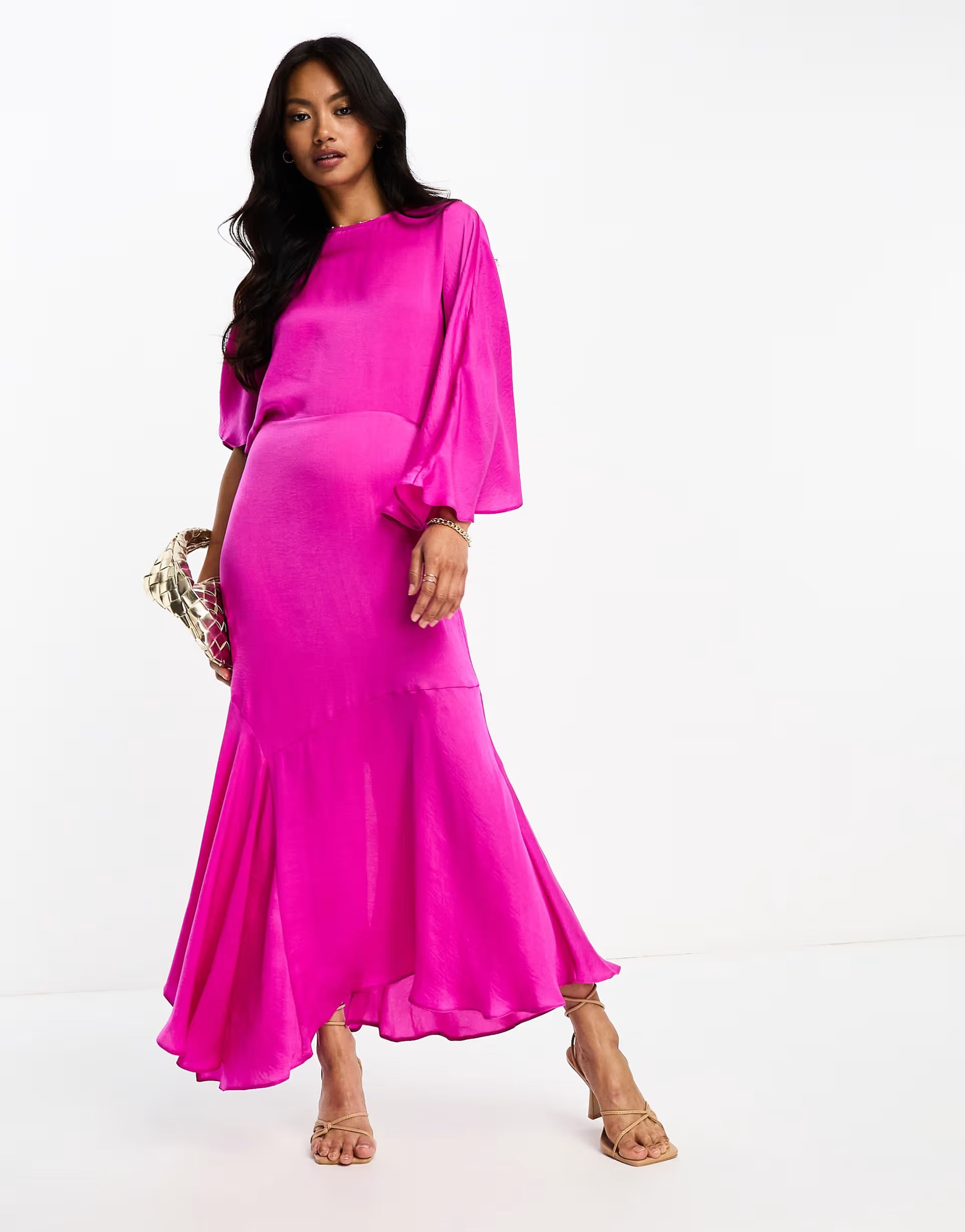 ASOS DESIGN satin flutter sleeve asymmetric hem midi dress in bright pink | ASOS (Global)