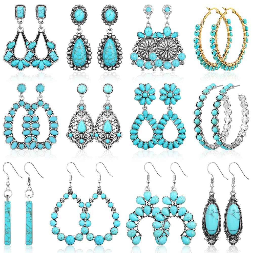 12 Pairs Turquoise Earring Set for Women Turquoise Bohemian Dangle Stud Earrings Round Metal Earr... | Amazon (US)