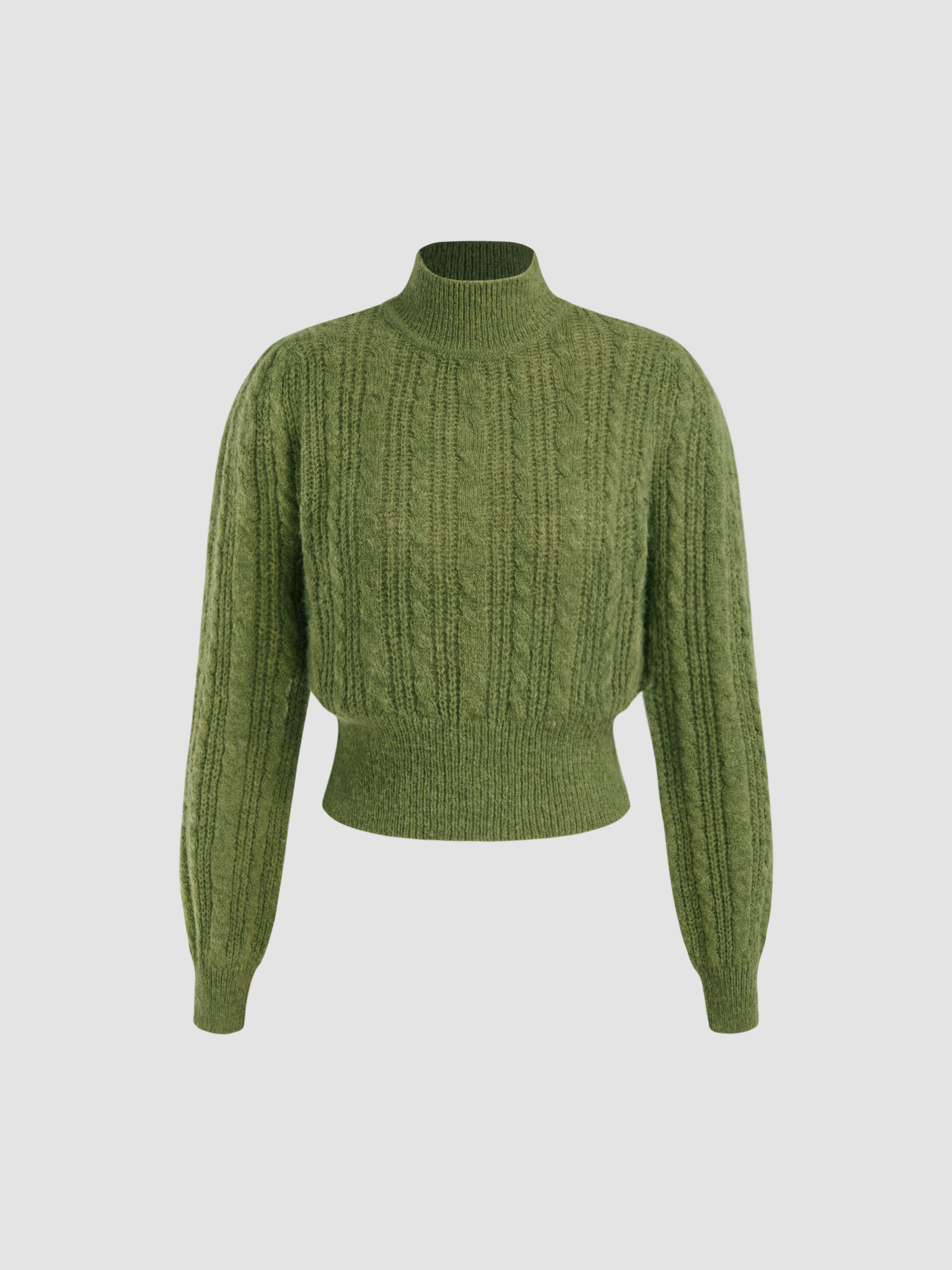 Wool-blend Cable Knit High Neck Solid Long Sleeve Top | Cider