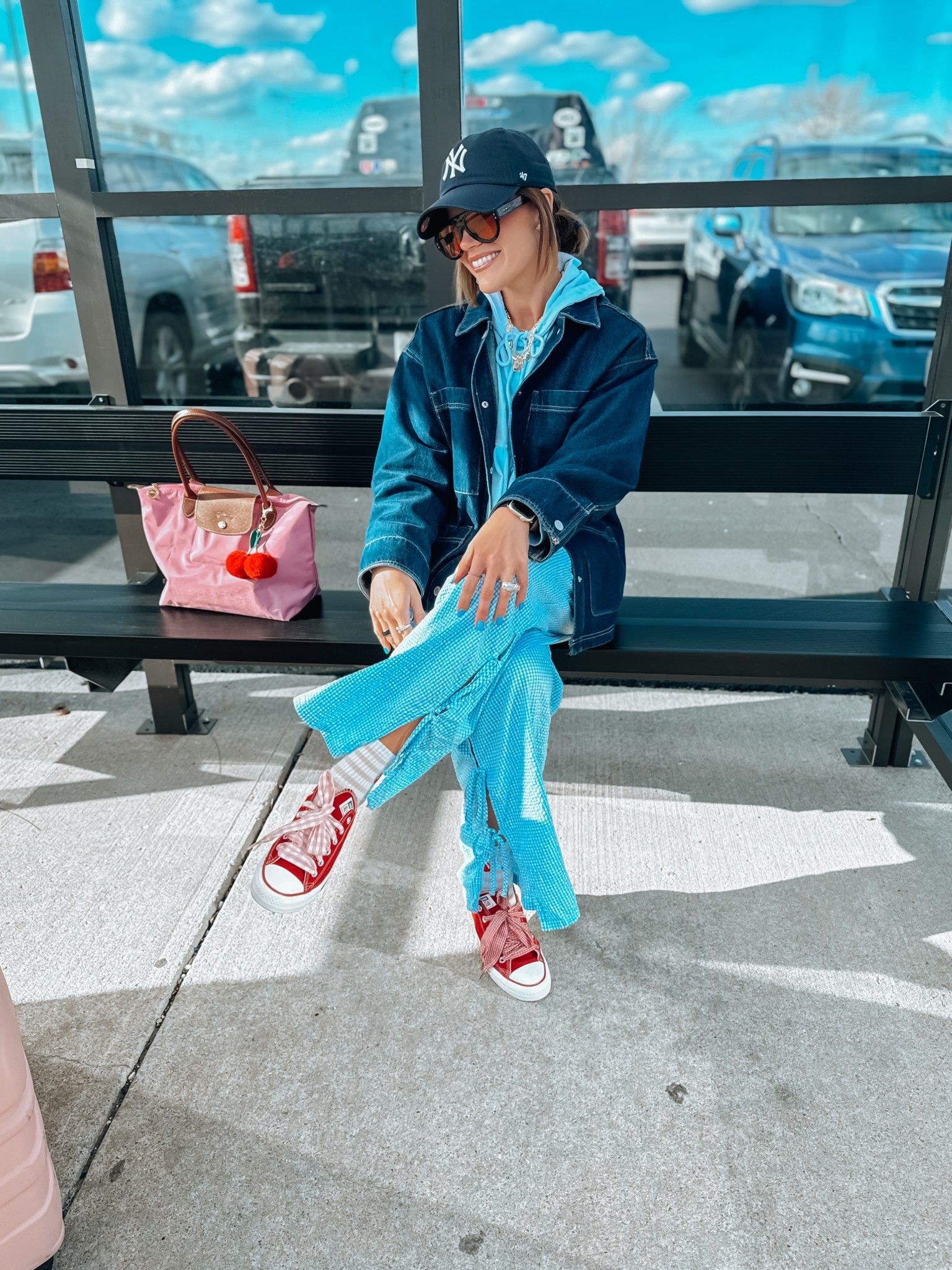 Spring Break Travel look!!! The cutest look and it’s soooo comfy!!!🩵🌊❤️🍓🎀💄

XS in everything 
Converse/ 7.5 sized down 1/2 size 

Airport 
Travel look 
Aerie 
Aexme 
American eagle 
Target 
Longchamp 
Spring 
Spring style 
Denim jacket 
Yankees hat 
Converse low top 
Red converse 
Sephora sale 

#LTKBeauty #LTKSaleAlert #LTKTravel
