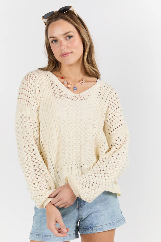 Morning Markets Cream Open Knit V-Neck Sweater | Pink Lily