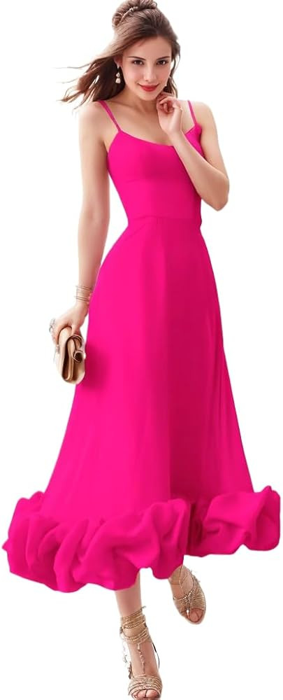 Spaghetti Strap Prom Dresses for Women 2025 Satin Ruffle Formal Evening Party Dress Tea Length PM... | Amazon (US)