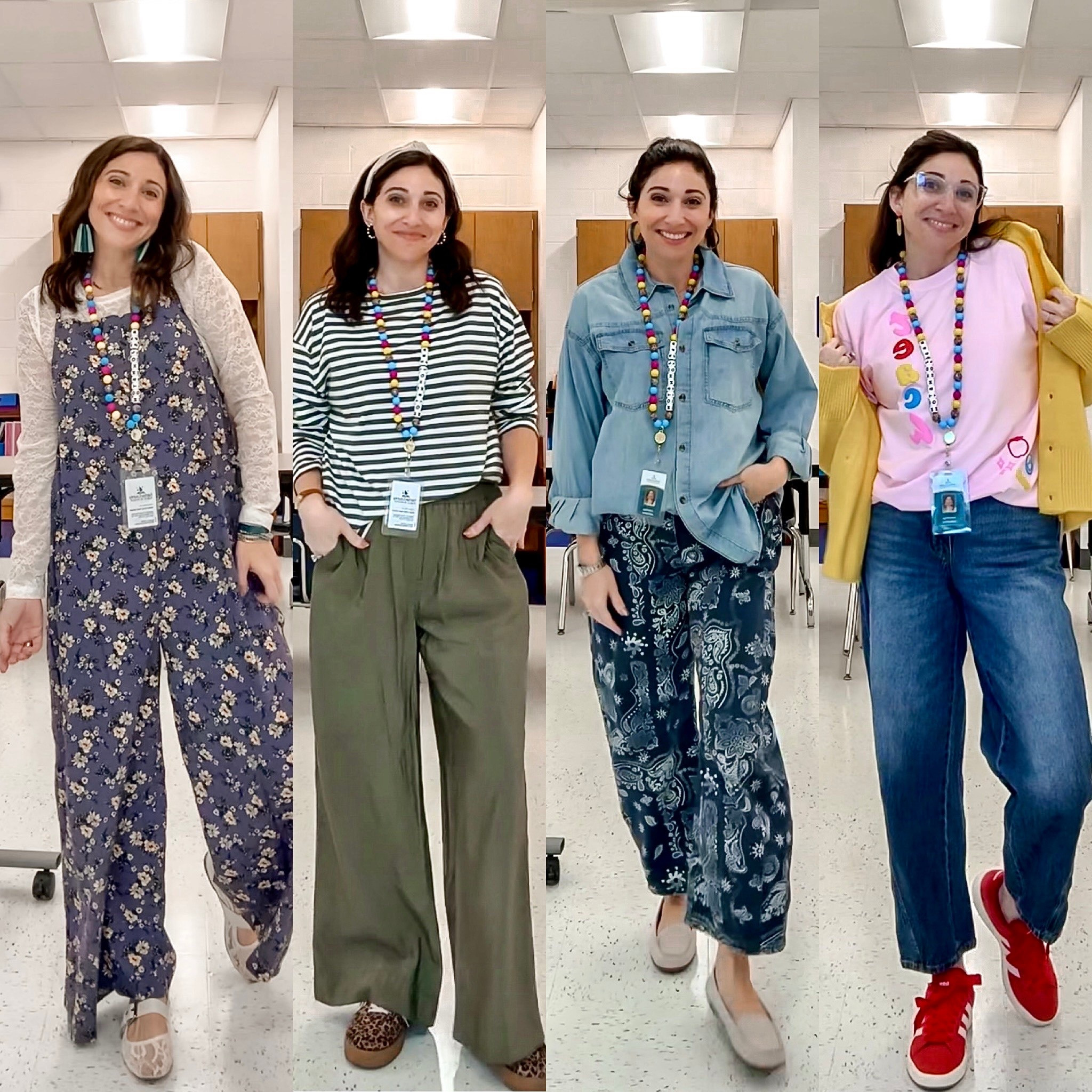 What I wore last week as a part time intervention teacher 
Lace top L / Floral jumpsuit L / Green stripe tee M / Olive pants M / Denim button down L / Paisley jeans 29 / Teacher tee L / Yellow cardigan L / Jeans 10 / All shoes tts

#LTKootd #LTKMidsize #LTKWorkwear
