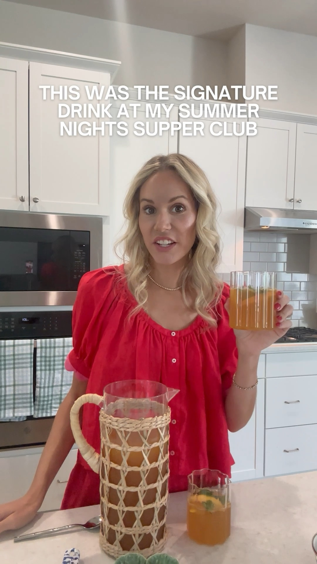 Sarah VanLandingham:	🍑Peach Porch Swing Cocktail 🥃

Meet the batch cocktail I served at my Summer Nights Supper Club - peachy, refreshing, and the easiest pitcher recipe for hosting this Labor Day weekend. 🥂

Peach Porch Swing Cocktail (serves 12):
* 3 cups bourbon
* 4 ½ cups peach nectar
* 1 ½ cups lemon juice
* 1 ½ cups simple syrup
* Top with 3 cups club soda
* Garnish with peach slices + mint sprigs

Mix everything but the club soda in a large pitcher and chill until guests arrive. Pour over ice, top with soda, garnish, and enjoy!

✨ Hosting tip: Double the recipe if you’ve got a big crowd - it disappears fast.

@sanpellegrino_us @pyrexhome @jumexus @basilhayden @bordallopinheiro_us @goldenrabbitenamelware @mackenziechilds @anthropologie @fazeek_home @mudpiegift @tuckernuckSarah VanLandingham: file:///Users/sarahvanlandingham/Library/Messages/Attachments/d0/00/E9835433-31EC-4184-893C-A094C107247F/IMG_2904.png

#LTKfoodie #LTKMothersDay #LTKvlog