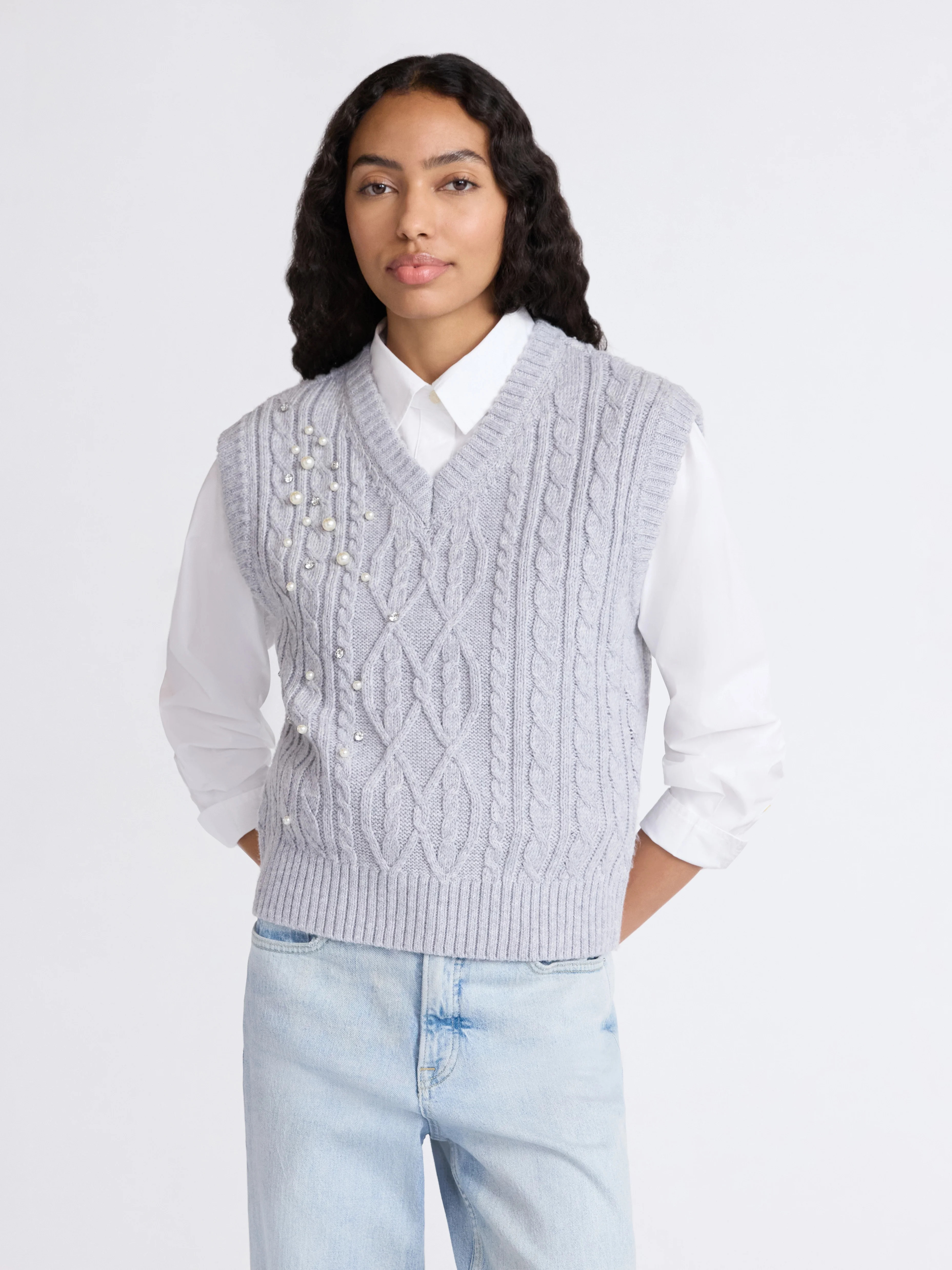 Free Assembly Women's Embellished V-Neck Cable Sweater Vest, Sizes XS-XXL | Walmart (US)
