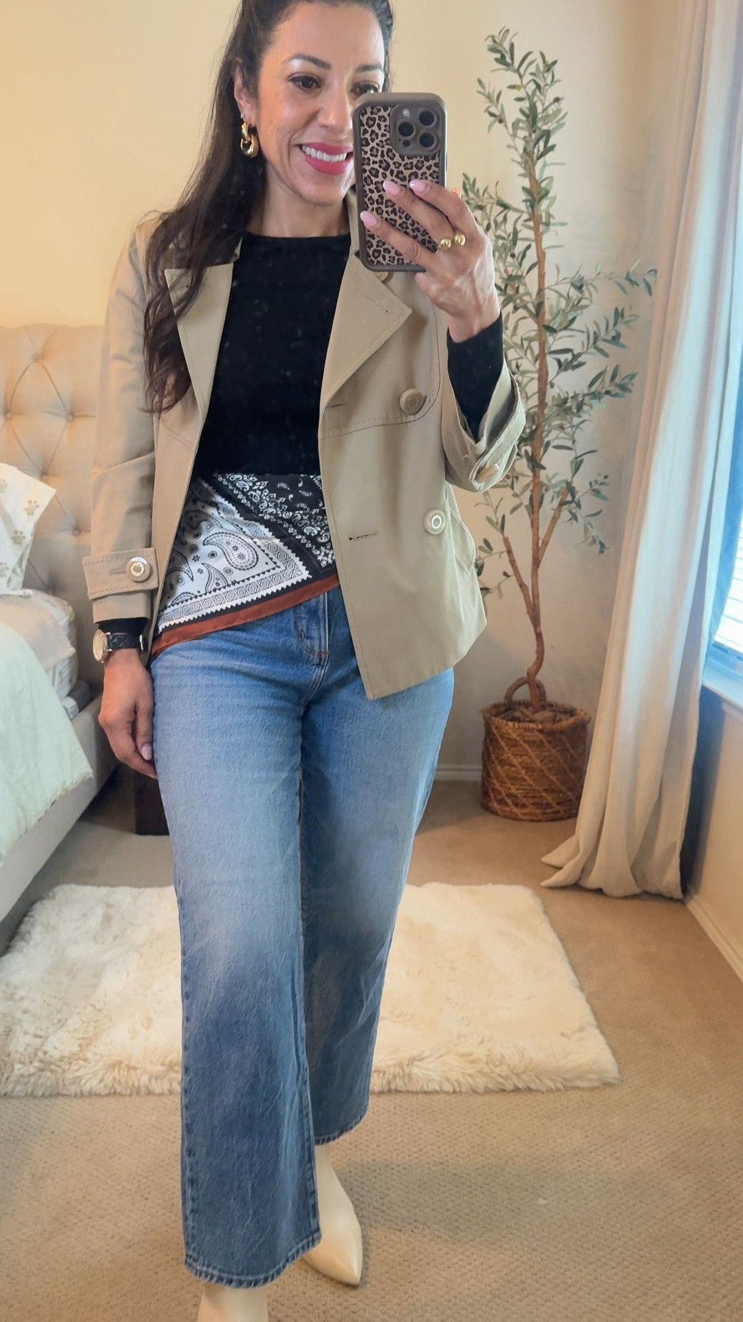 Today’s outfit consists of my favorite high-waisted denim jeans paired with a simple black long-sleeve top. I elevated the look with a beautiful scarf featuring cream, black, and gold tones, along with cream ankle boots and a gorgeous khaki jacket. To complete the look, I added some elegant gold jewelry for the perfect chic touch.

#LTKootd #LTKgrwm #LTKvlog