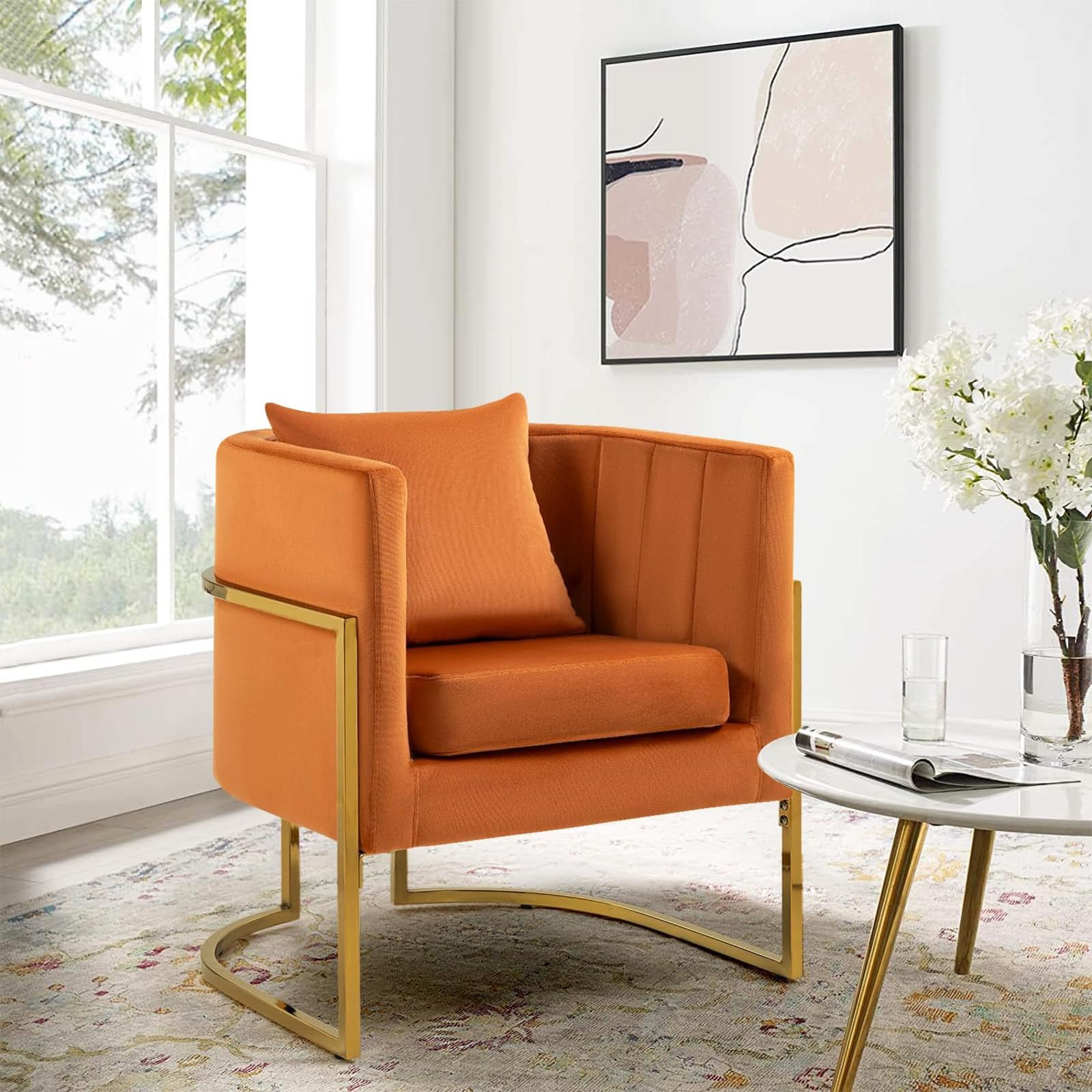 Modern Velvet Accent Chair with Lumbar Pillow, Mid-Century Upholstered Barrel Armchair for Living... | Amazon (US)