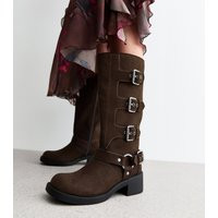 Women's Brown Buckled Faux Suede Knee High Boots Vegan New Look | New Look (UK)
