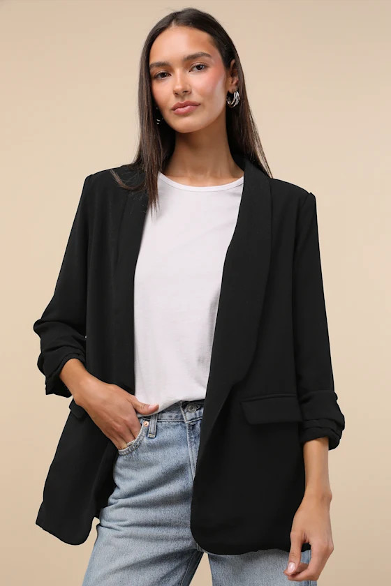 Superior Aesthetic Black Three-Quarter Sleeve Ruched Blazer | Lulus