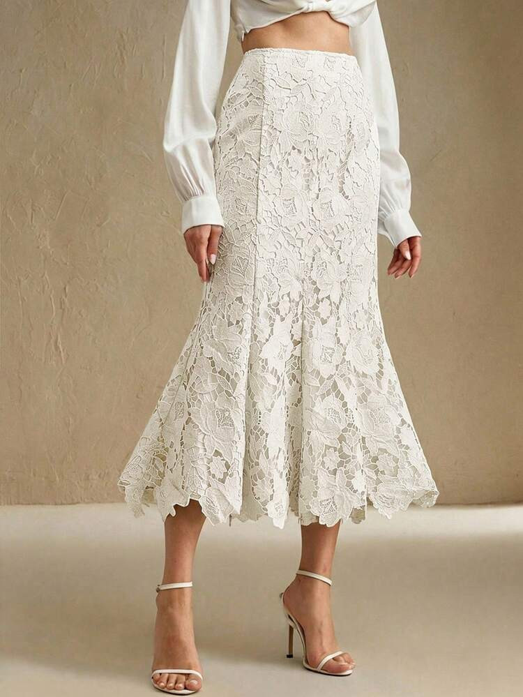 Anewsta Women's Fashionable And Elegant Patchwork Design Heavy Lace Hollow Brown Skirt, Autumn/Wi... | SHEIN