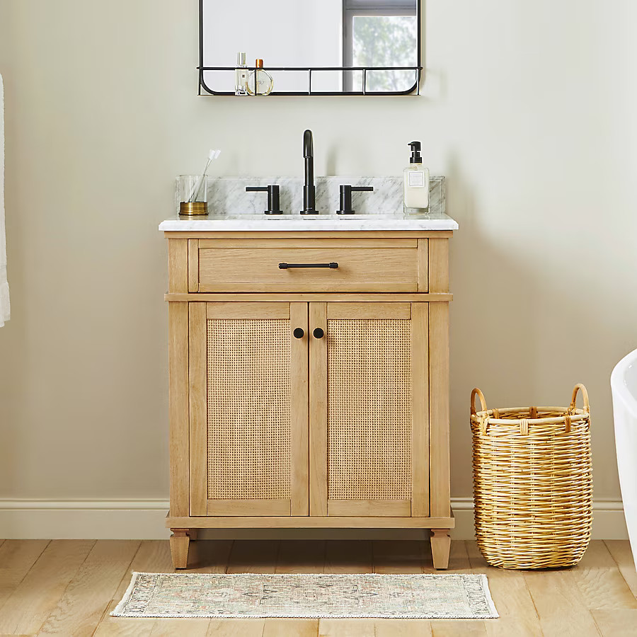 allen + roth Wallister 30-in Golden Oak Undermount Single Sink Bathroom Vanity with White Natural... | Lowe's