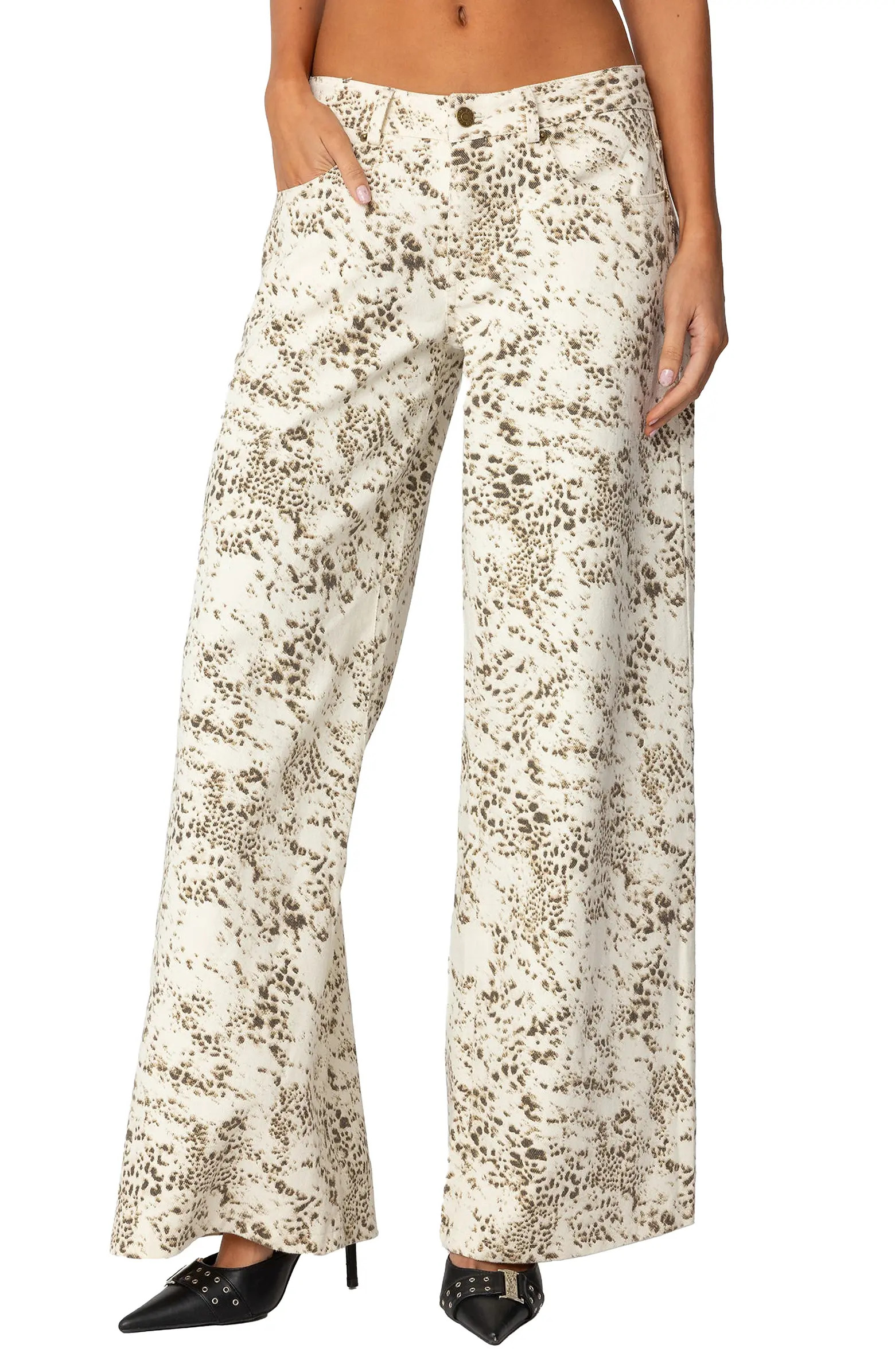 EDIKTED Snow Leopard Print Low Rise Wide Leg Jeans | Nordstrom | Nordstrom