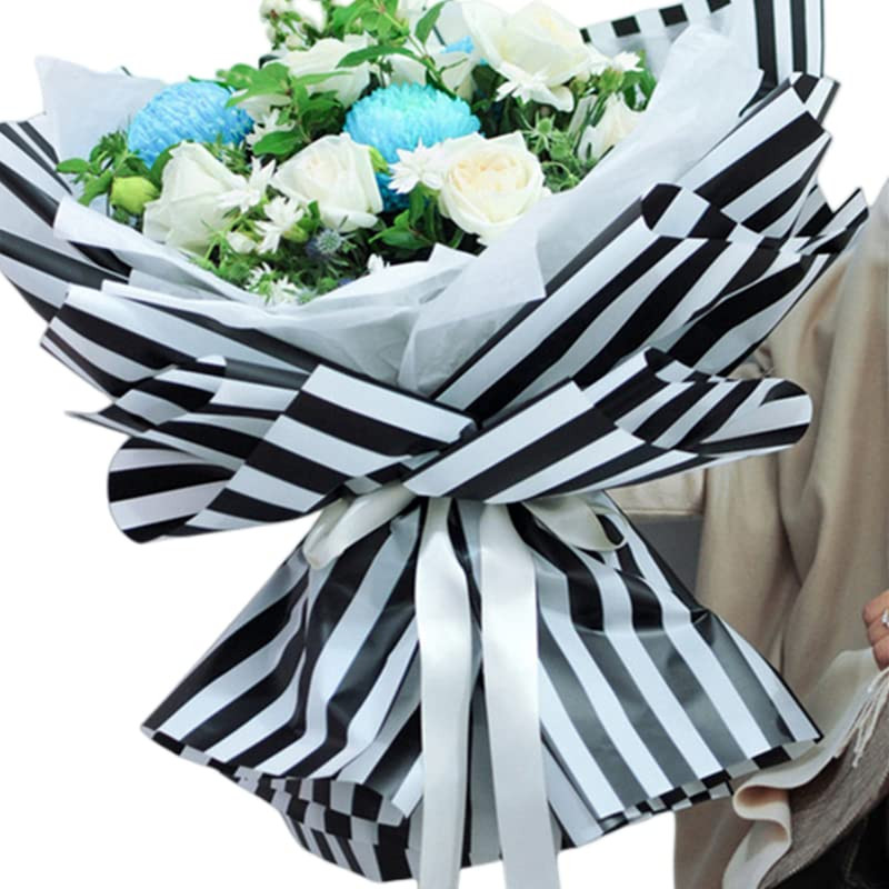 CURTEK 20 Sheets Korean Style Flower Wrapping Paper 23x23'' Waterproof Bouquet Black White Stripe... | Amazon (US)