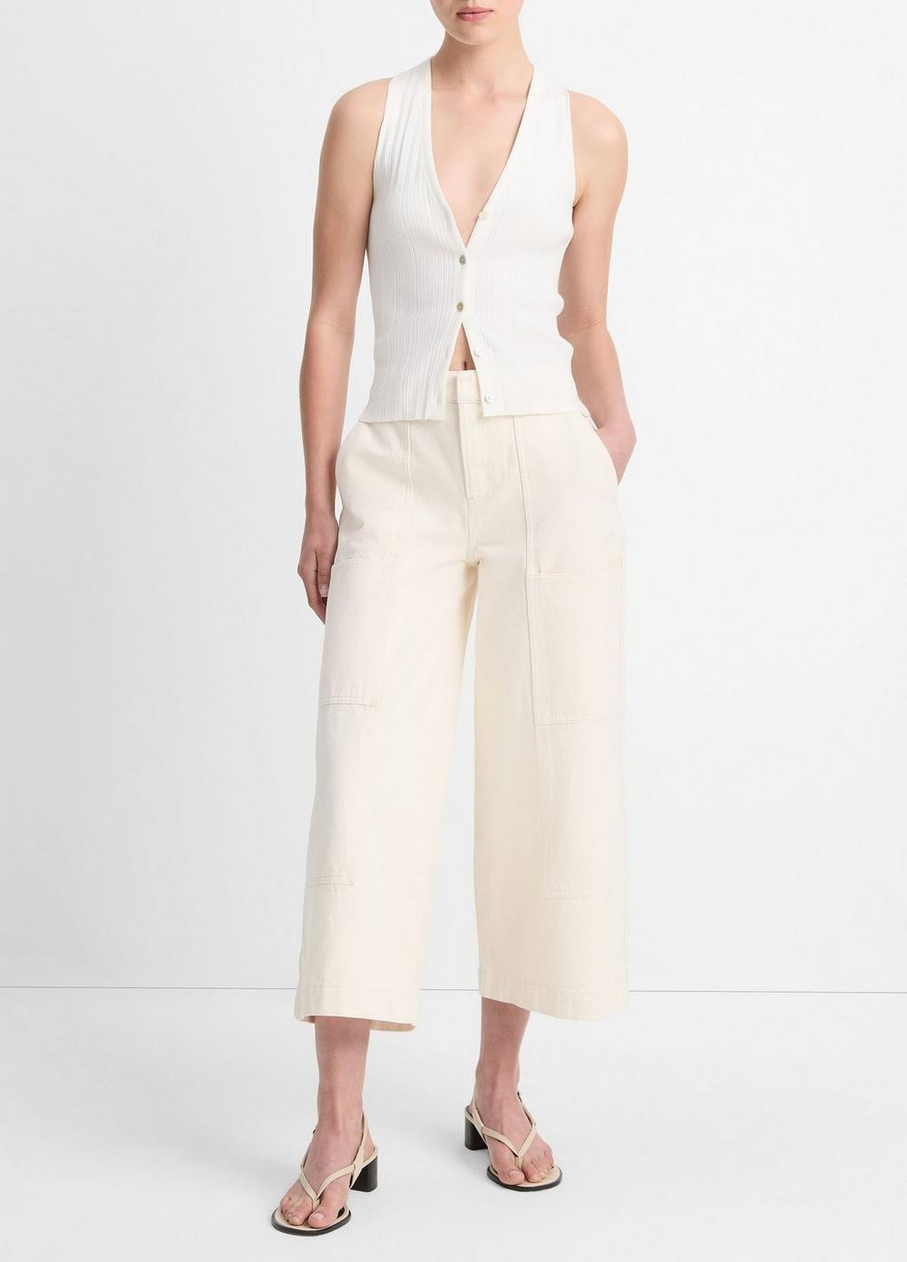 Women's Italian Cotton-Blend Button V-Neck Tank Top, Off White, Size L Vince | Vince LLC