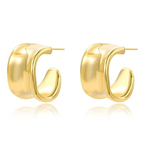NCPSG Chunky Silver Earrings 14K Gold Plated Geometric Dangle Earrings for Woman, Trendy Simple Silver Hypoallergenic Small Hoop C Shape Stud Earrings Jewelry (Gold) | Amazon (US)