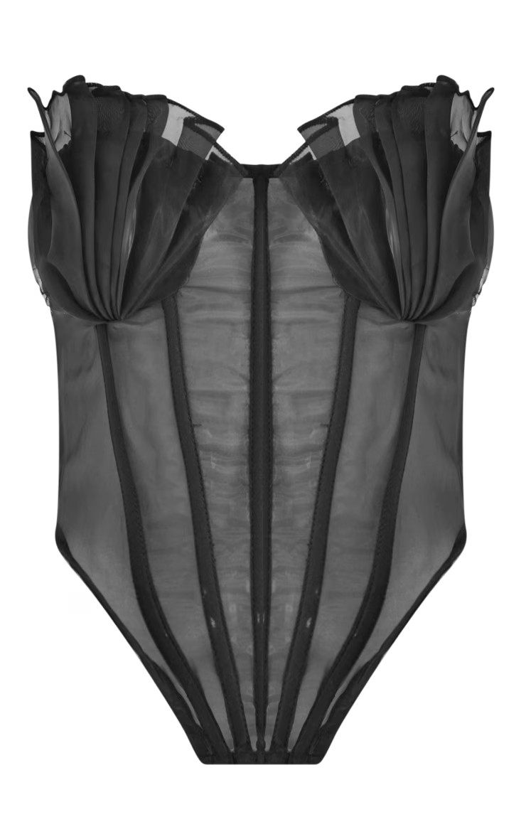 Black Chiffon Frill Cup Boned Corset | PrettyLittleThing US