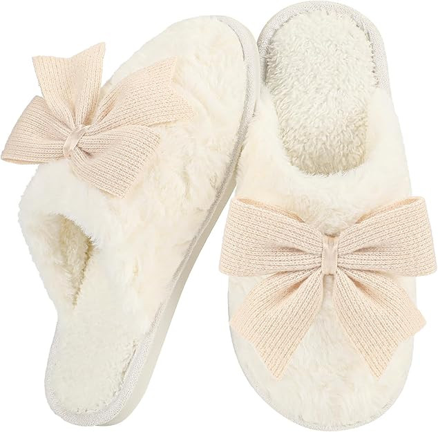 Women's Cute Bow Slippers Cartoon House Fur Shoes Cozy Indoor Momory Foam Outdoor | Amazon (US)