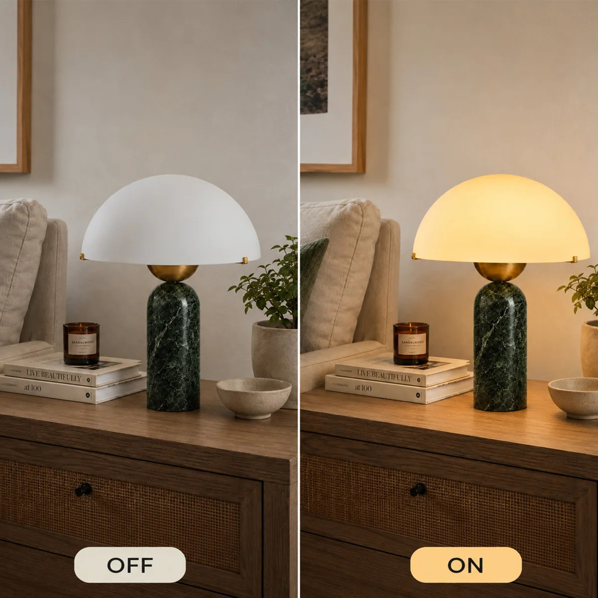 Natural Stone Table Lamp, Mid-Century Modern Dome Mushroom Lamp With Green Travertine Base And Fr... | Wayfair North America