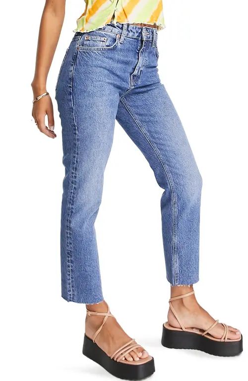 Topshop Raw Hem Crop Straight Leg Jeans in Mid Blue at Nordstrom, Size 34 32 | Nordstrom