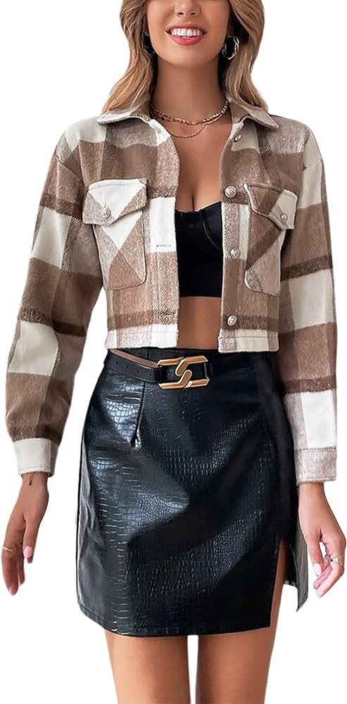 Yeokou Women's Fashion Cropped Flannel Wool Blend Plaid Shacket Long Sleeve Button Down Jackets C... | Amazon (US)