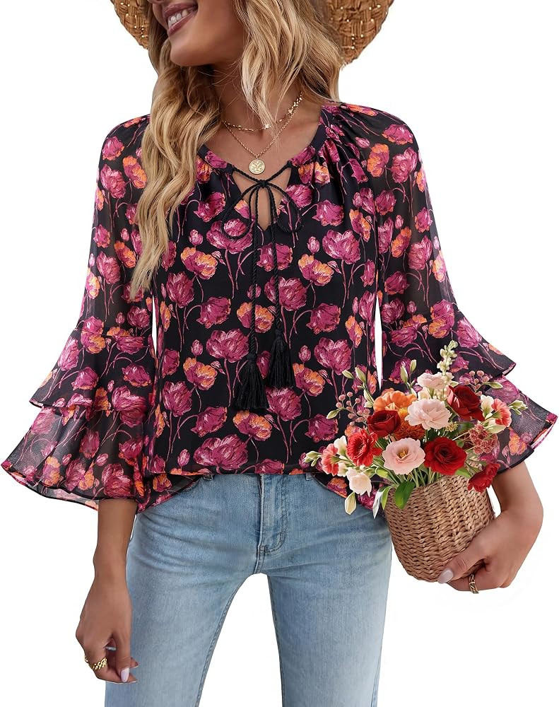 Bebonnie Womens Ruffle Sleeve Casual V Neck Layers Boho Tops Tassel Tie Front Floral Chiffon Blou... | Amazon (US)