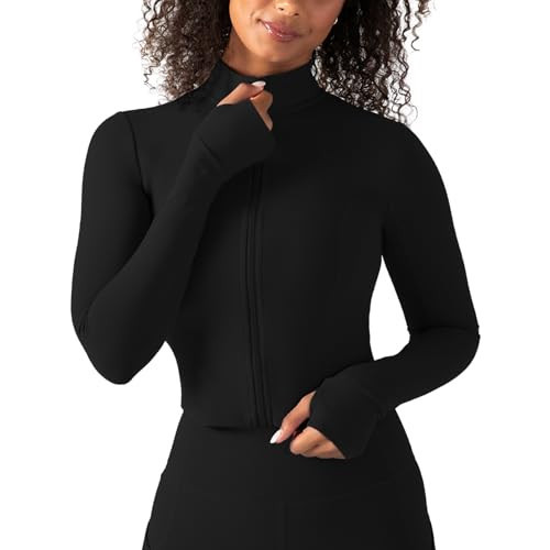 YITTY Active Women's UltraLuxe Cropped Full Zip Jacket, Athleisure, 4-Way-Stretch, Thumbholes, Iconic Black, L | Amazon (US)