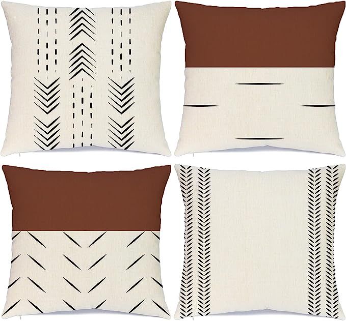 Hlonon Decorative Boho Throw Pillow Covers Set of 4 Modern Design Geometric Stripes Farmhouse Lin... | Amazon (US)