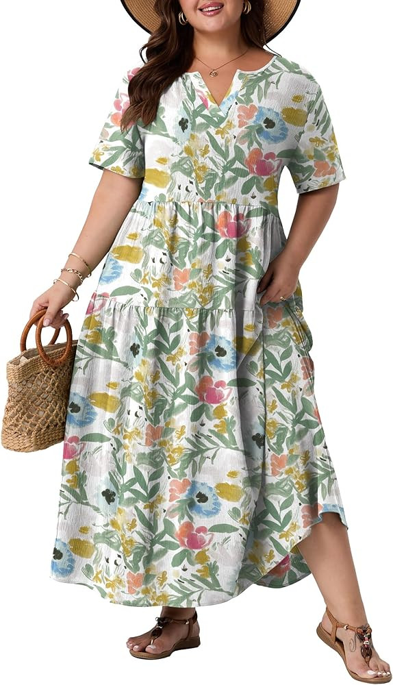 OLRIK Plus Size Maxi Dresses for Curvy Women - Flowy Boho Summer Dress with Pockets V-Neck Short ... | Amazon (US)