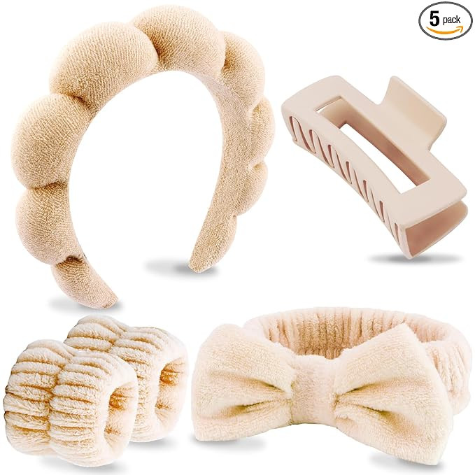VELSCRUN Spa Headbands for Wash Face, Makeup Headband, Facial Skincare Headbands, 5 Pcs Khaki Puf... | Amazon (US)