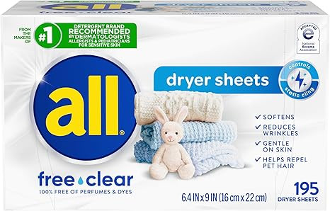 all Fabric Softener Dryer Sheets for Sensitive Skin, Free Clear, 195 Count | Amazon (US)
