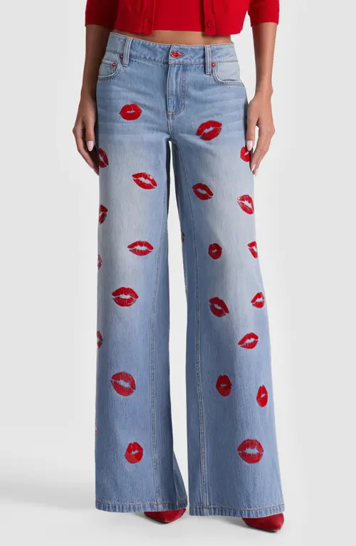 Alice + Olivia Amazing Kiss Print Wide Leg Jeans in Denver Bright Blue at Nordstrom, Size 25 | Nordstrom
