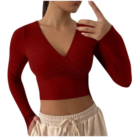 RQYYD Women s Deep V Neck Long Sleeve Cross Wrap Front Crop Tops Casual Slim Knitted Pullover Sweate | Walmart (US)