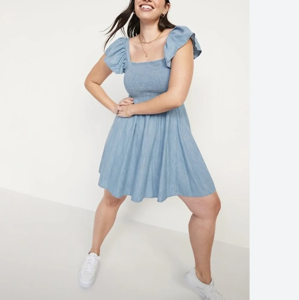 Old Navy Fit & Flare Flutter Sleeve Smocked Chambray Mini Dress L Blue #40 | Poshmark