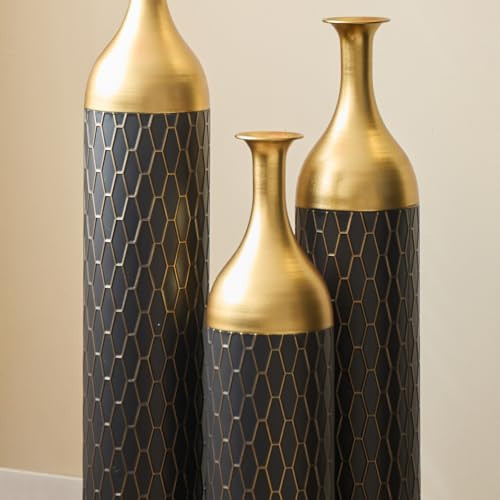 Tall Floor Vases Set of 3, Black Gold Decorative Metal Standing Vases with Honeycomb Pattern, Large Vase for Living Room, Entryway, Fireplace & Corner Home Decor | Amazon (US)