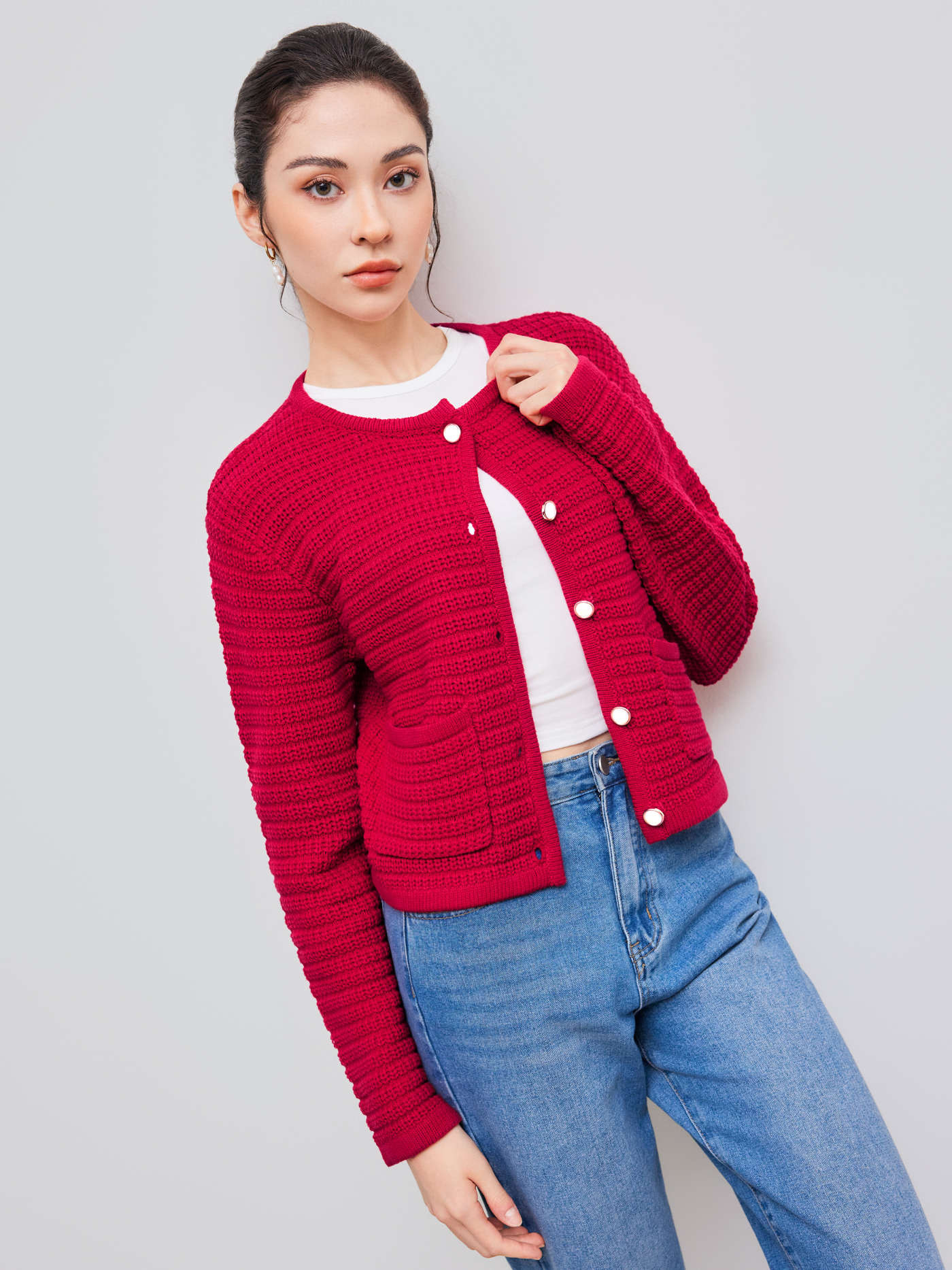 Knit Fabric Knit Round Neckline Solid Pocket Cardigan For Daily Casual | Cider