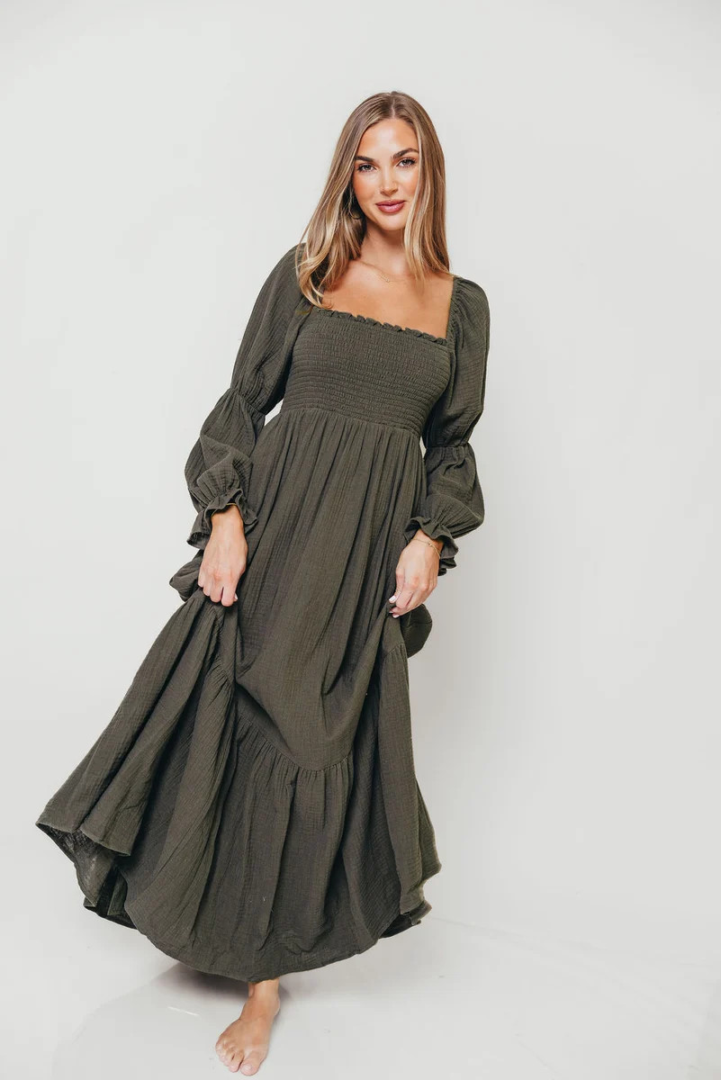 Emerson 100% Cotton Smocked Long Sleeve Maxi Dress in Dark Green - Bum | Worth Collective
