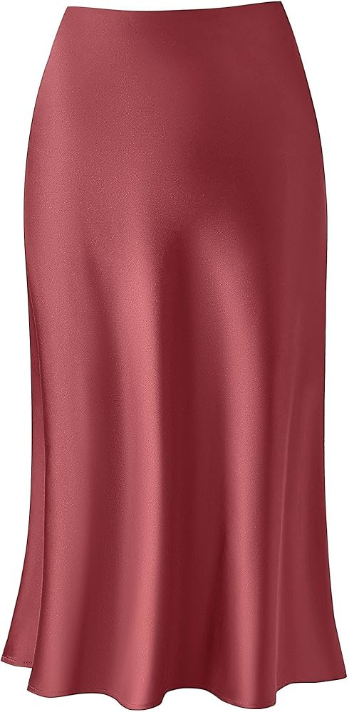 Womens Leopard Print Skirt Midi Long Length Silk Satin High Waist Elastic Skirts | Amazon (US)