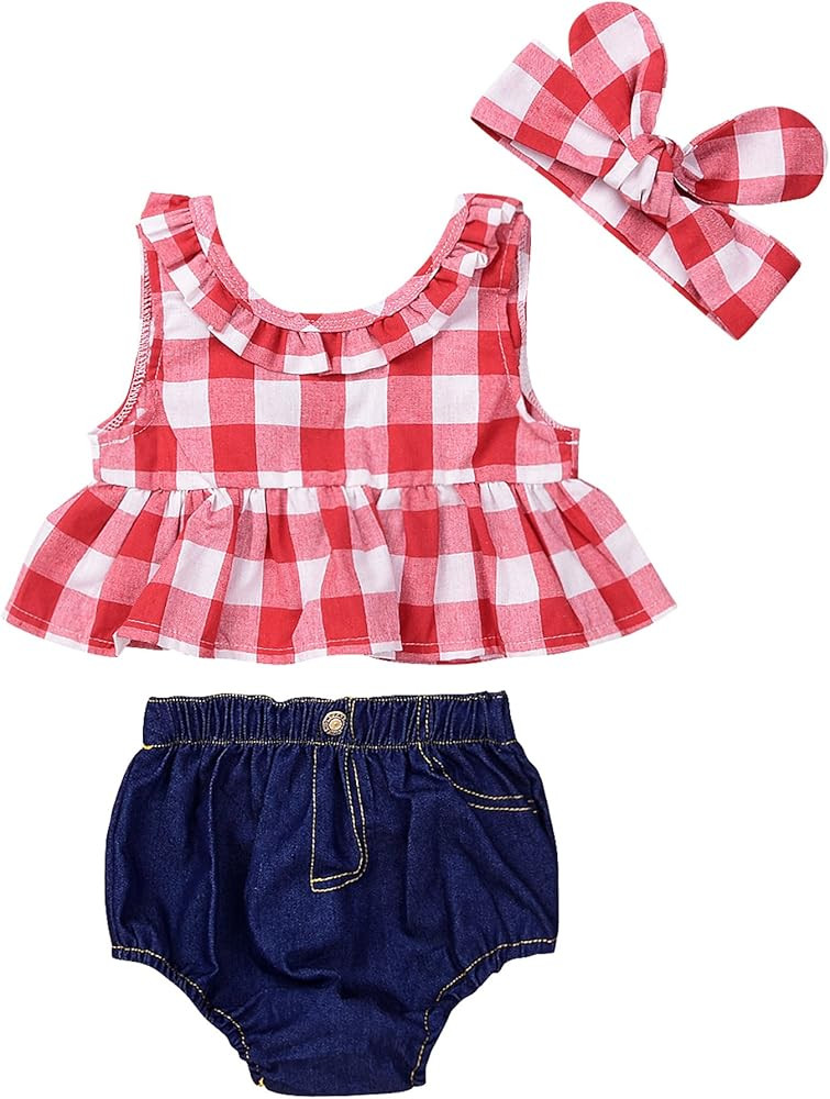 Baby Girls Plaid Ruffle Bowknot Tank Top+Denim Shorts Outfit with Headband | Amazon (US)