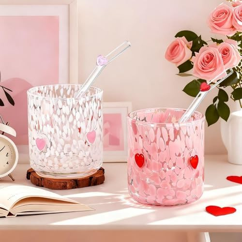 2 Pcs Heart Icon Juice Glasses With Two Straws 14 oz Valentines Day Glass Cups With Designs,Steml... | Amazon (US)