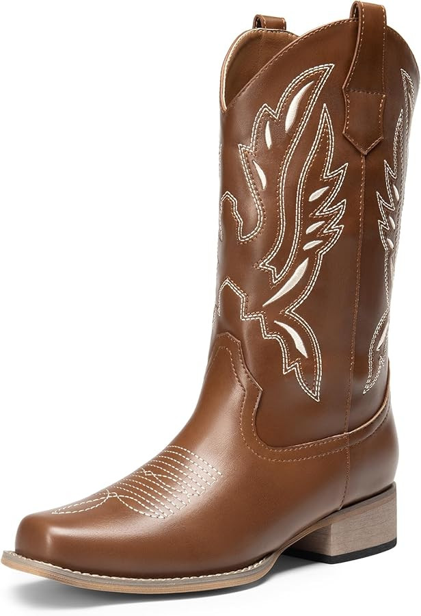 DREAM PAIRS Women's Square Toe Cowboy Cowgirl Boots Pull On Low Chunky Heel Mid Calf Western Boot... | Amazon (US)