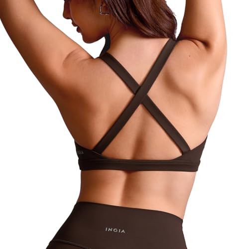 INGIA Women's Square Neck Sports Bra Strappy Criss Cross Wide Straps Workout Padded Cami Yoga Bra Gym Pilates Top Hot Fudge Brown Small | Amazon (US)