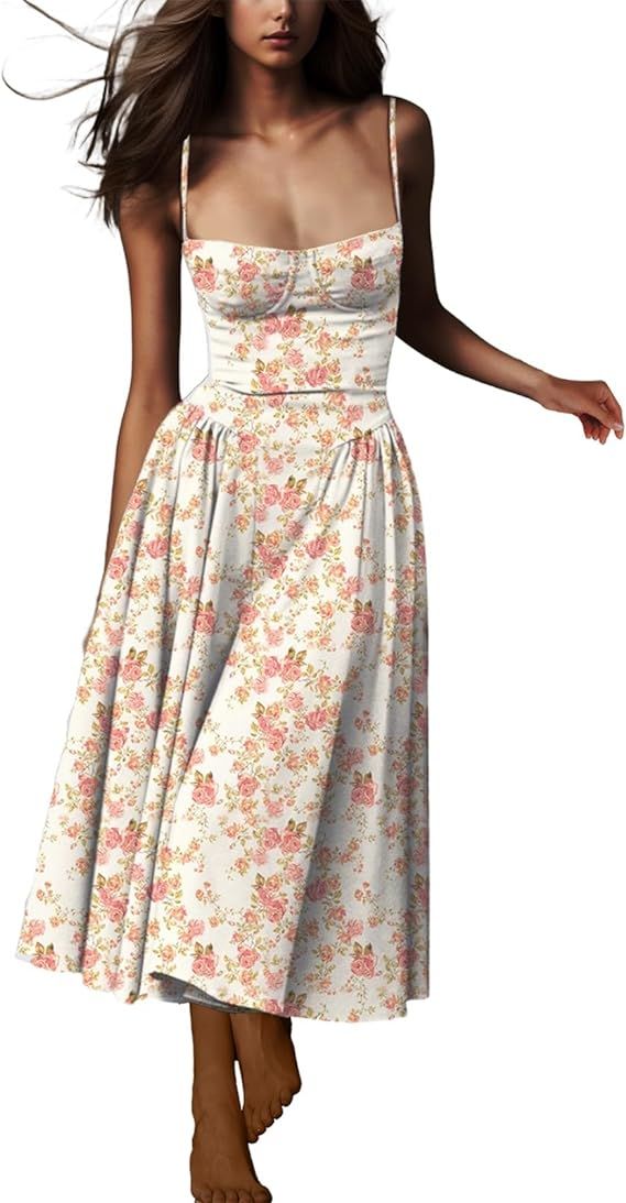 Casual Summer Dresses for Women Y2K Boho Spaghetti Strap Midi Dresses Low Cut Bustier Flowy Casua... | Amazon (US)