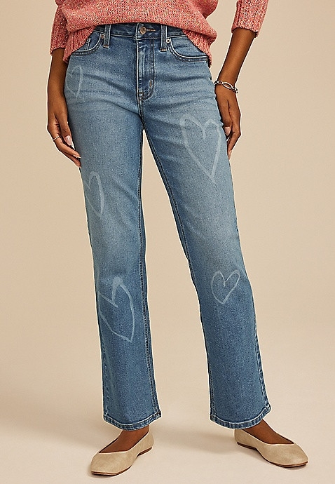 Heart Print High Rise Relaxed Straight Leg Jean | Maurices