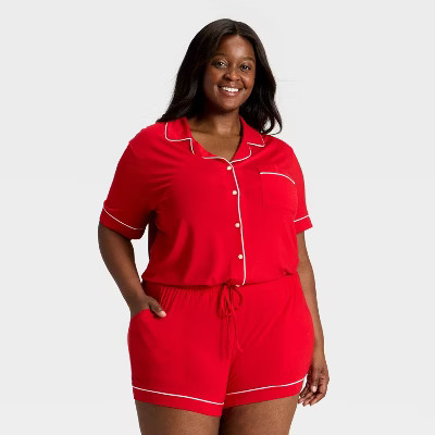 Women's Cloud Knit Modal Short Sleeve Notch Collar Top and Shorts Pajama Set - Auden™ | Target