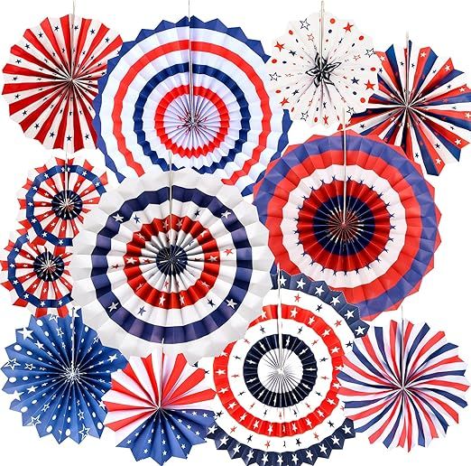 OEAGO 12 PCS 4th of July Decorations Set - Hanging Paper Fans Patriotic/Fourth of July Decor for ... | Amazon (US)