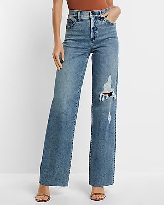 High Waisted Medium Wash Ripped Wide Leg Jeans | Express