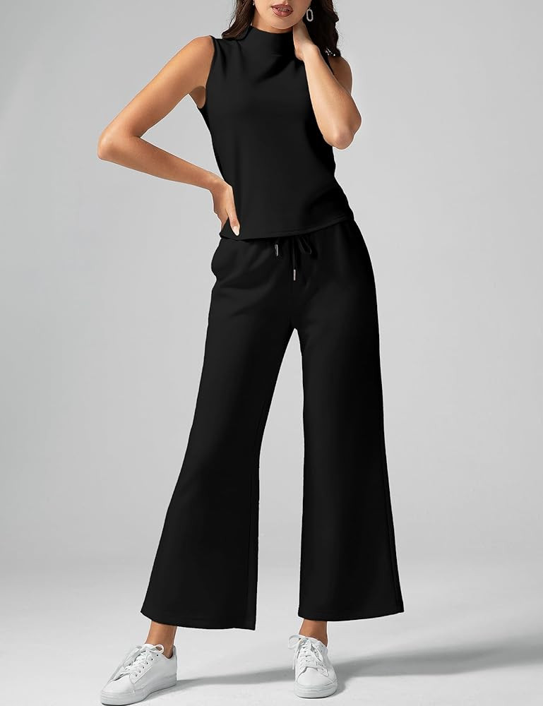 Women's Summer 2 Piece Outfits Mock Neck Tank Top Cropped Wide Leg Pants Lounge Sets 2024 Fashion... | Amazon (US)