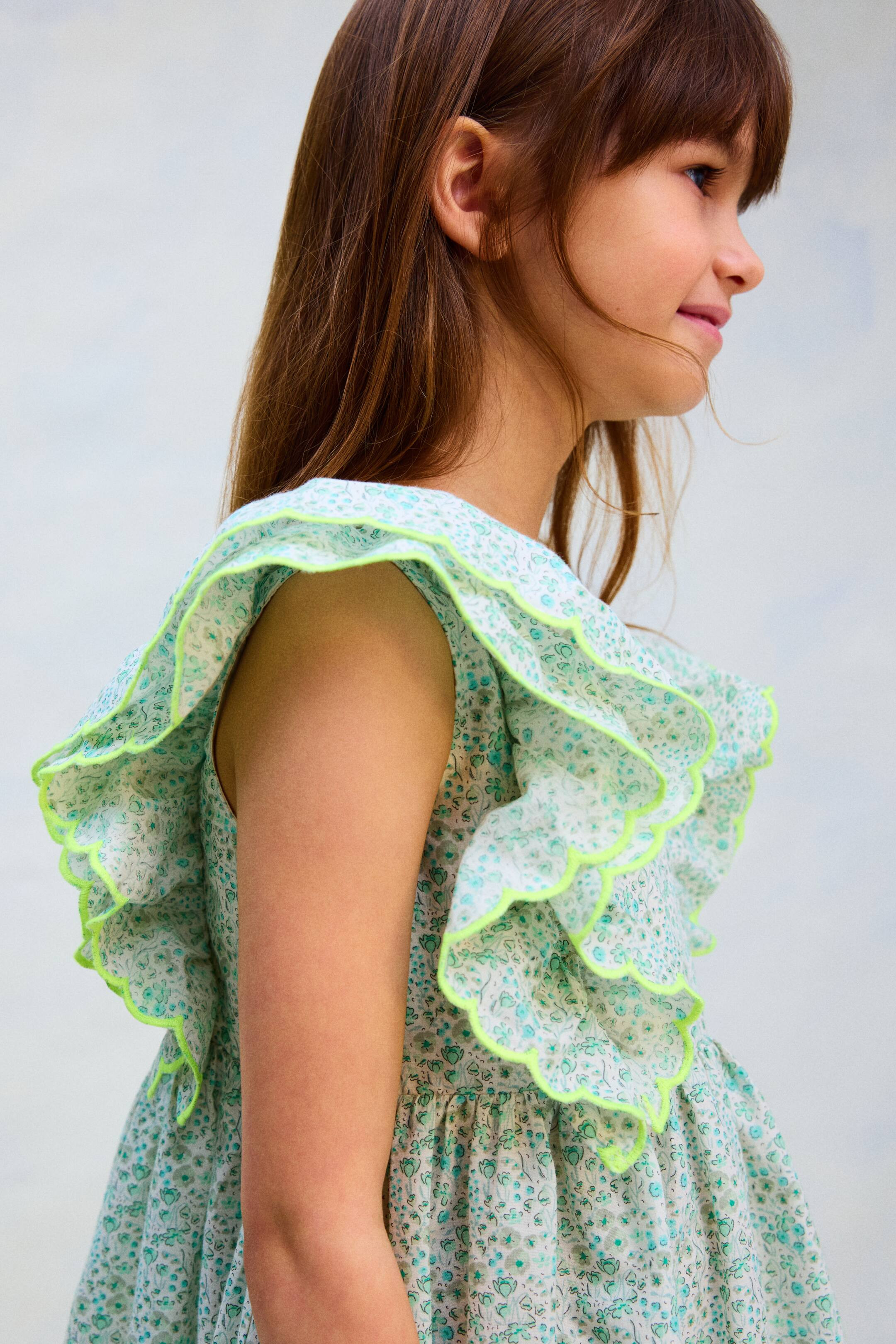 Scalloped-Trim Dress - Green/floral - Kids | H&M US | H&M (US + CA)